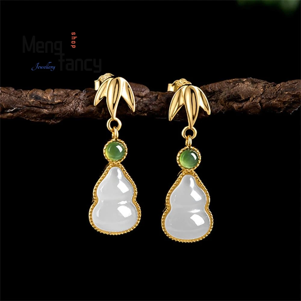 

Old Material Natural Hetian Jade Gourd Earrings S925 Silver Inlaid Chinese Style Temperament Female Personalised Fashion Jewelry