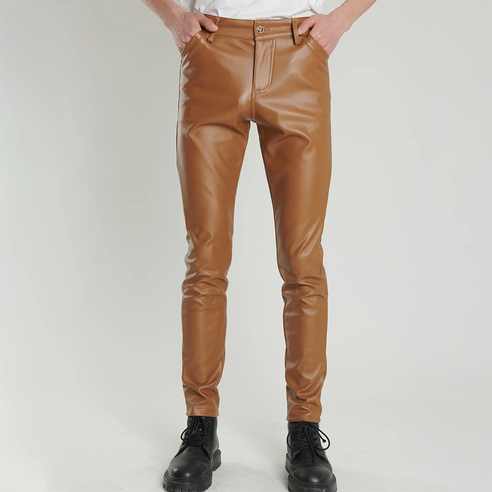 Spring Autumn Men\'s Leather Pants Skinny Fit Elastic Fashion PU Leather Trousers Punk Cosplay Dance Pants