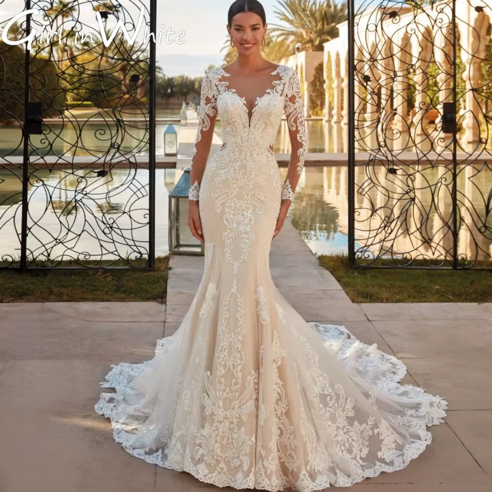 

Sequins Appliques Bride Robe Modest Long Sleeve Wedding Dress Graceful 2025 Mermaid customized Bride Robe Vestido De Novia