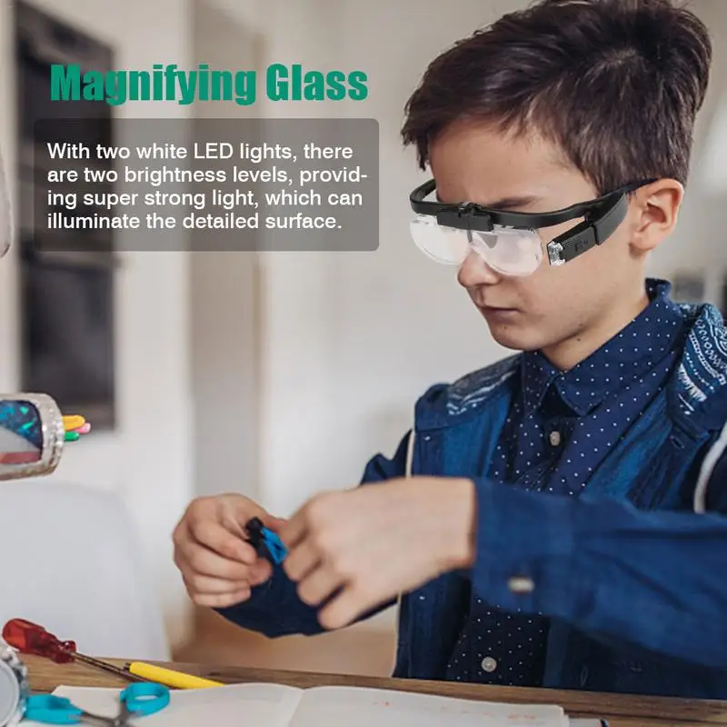 Student Night Reading Aids 1.5X 2.0X 2.5X 3.5X 4.0X 4.5X Glasses Loupe LED Light Headband Magnifier With Lamp, Removable Lens
