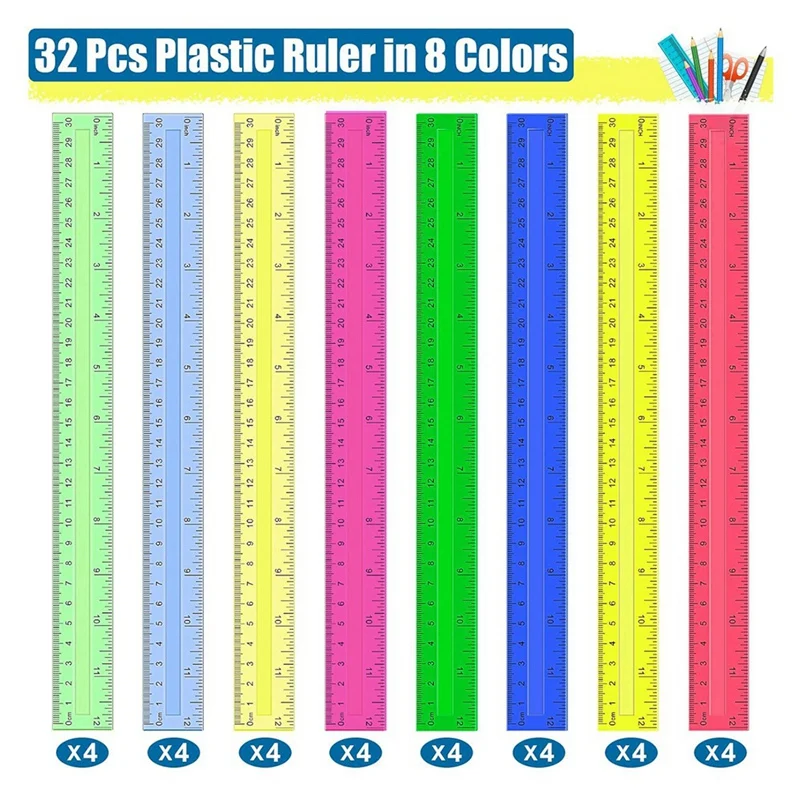 12 Inch Plastic Rulers, 32 PCS Transparent Assorted Color Metric Bulk Rulers With Inches Centimeters Millimeter.