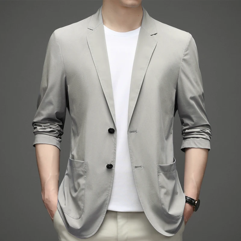 Summer Thin Blazer Mens Anti-Wrinkle Ultra Ice Silk Suit Jacket Breathable Stretch Casual Suit Men Slim Fit Lightweight Blazers