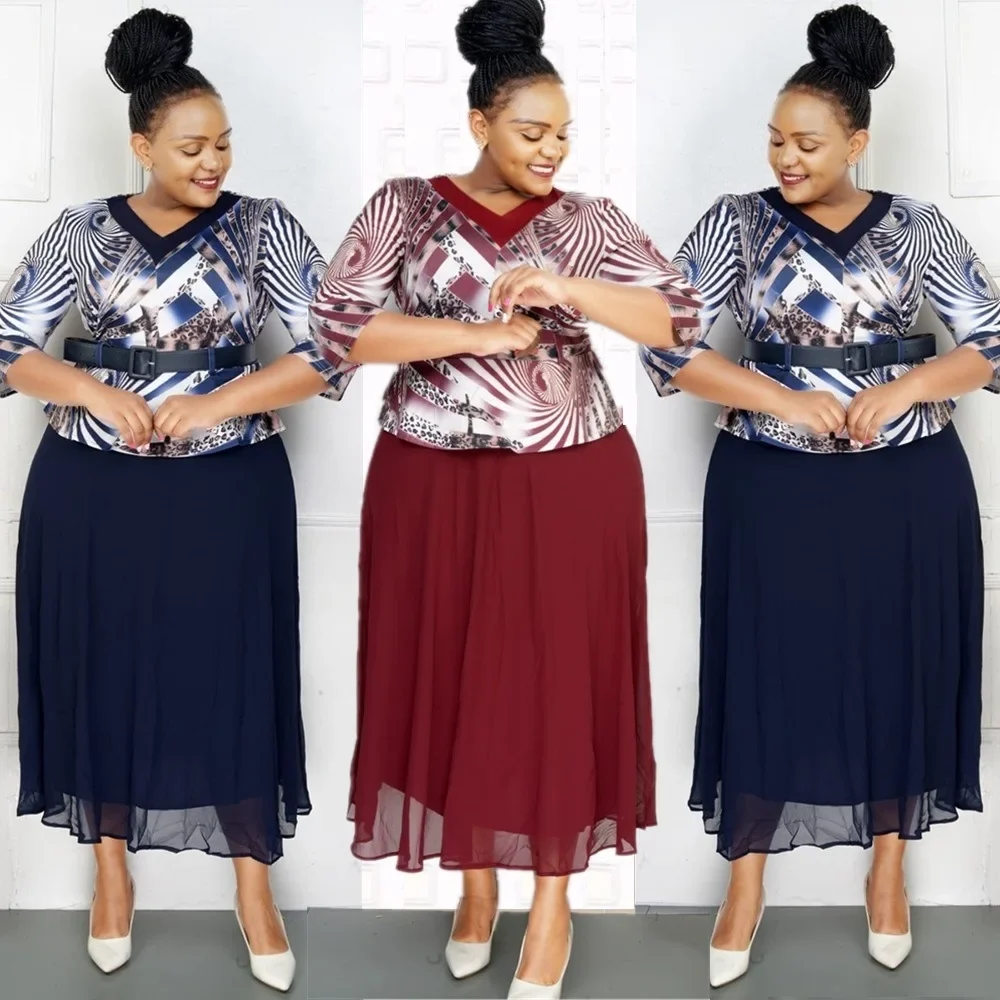 

Autumn Fashion Africa 3/4 Sleeve V-neck Polyester Print Plus Size Long Maxi Dress Gowns Dashiki African Dresses for Women XL-5XL