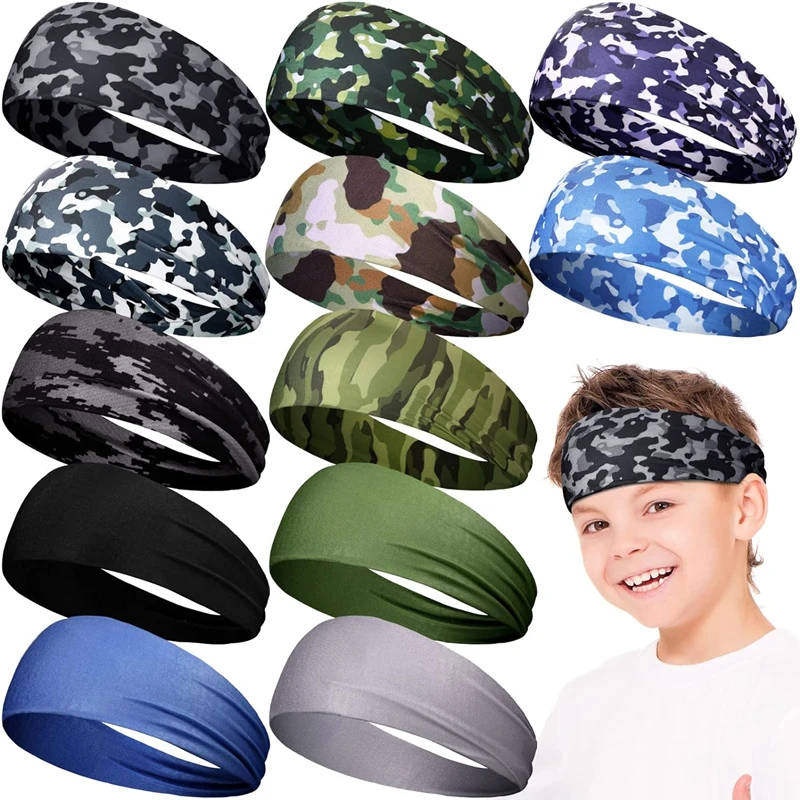 Boys Girls Headbands Kids Sports Sweatbands Camo Elastic Athletic Wicking Hairbands Football Soccer Workout Running Headwrap