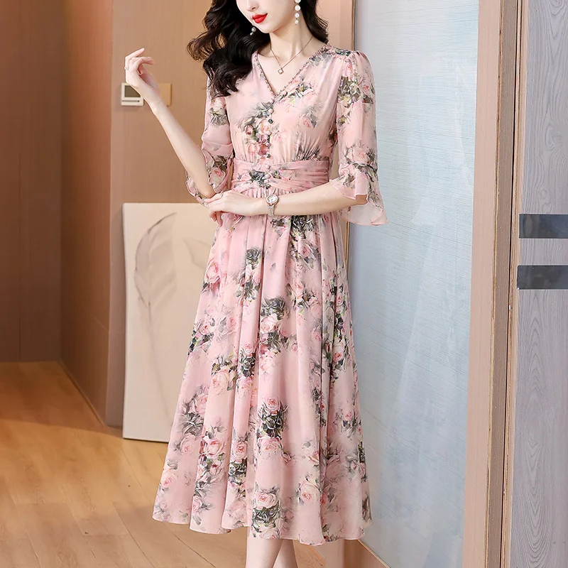 Women Boho Pink Floral Silk Midi Dress Spring Summer Short Sleeve Bodycon New in Dress 2025 Korean Fashion Elegant Party Dress