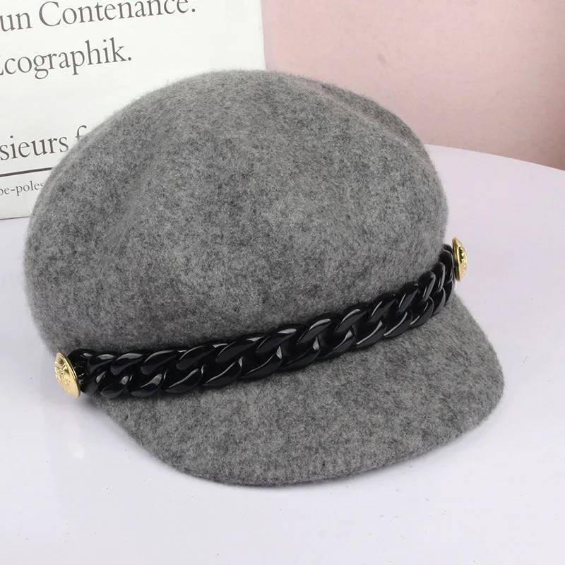 

New Wool Blend Black Baker Boy Hat Women Winter British Retro Chain Decor Newsboy Cap Warm