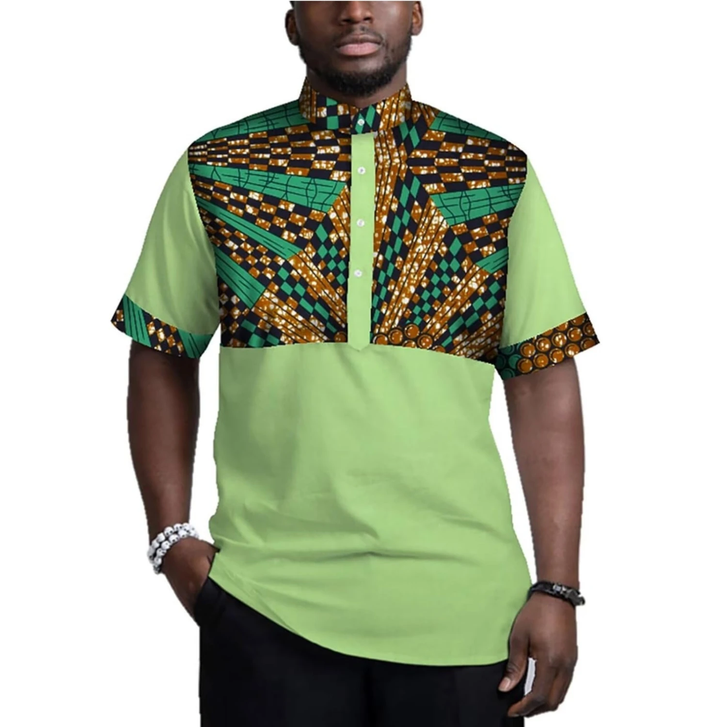 African Men shirt Traditional Print Tribal Pattern Tencel Patchwork Design Short Sleeve Stand Up Collar Button Down Shirt WYN781