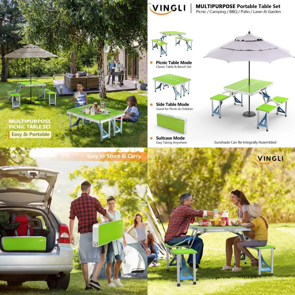

Portable Folding Picnic Table with 4 Seats and Umbrella Hole, 220 lbs Capacity, Aluminum Frame, Plastic Top for Outdoor Use - Bl