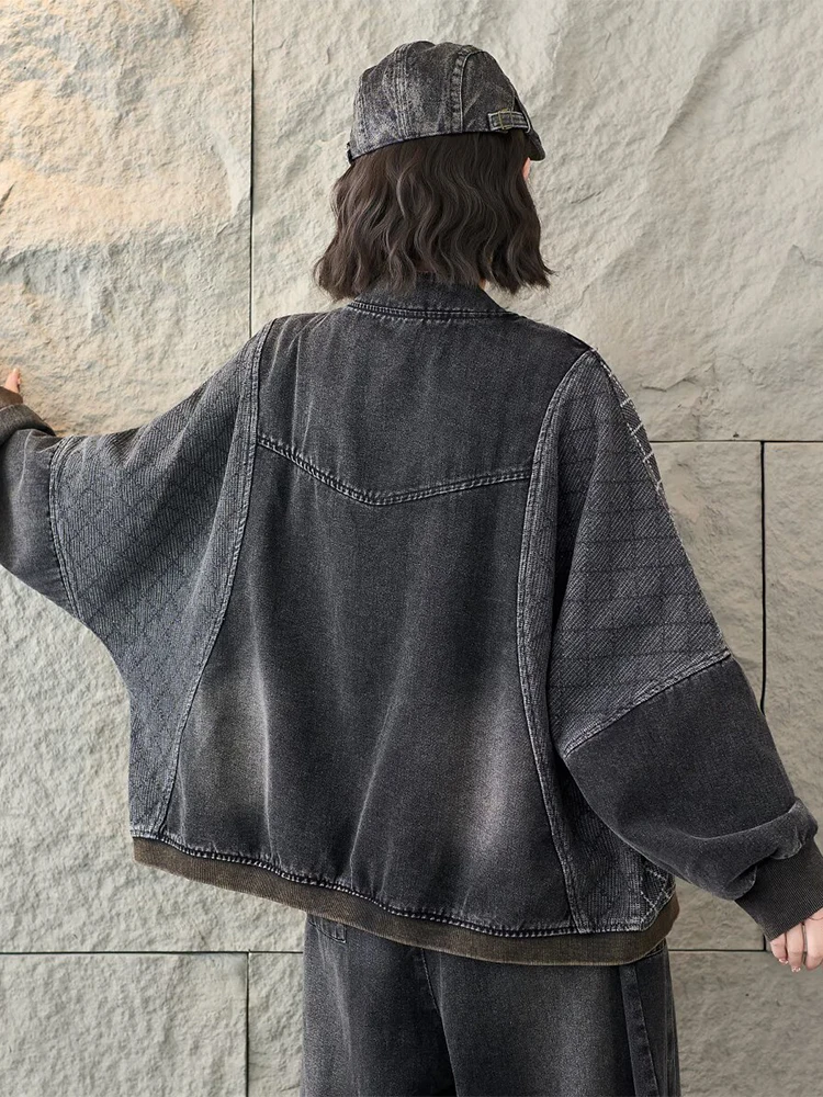 Amax LuluE 2026 Spring Korean Punk Denim Jackets Ladies Vintage Oversized Fashion Coats Womens Classic Leisure Plaid Outerwear