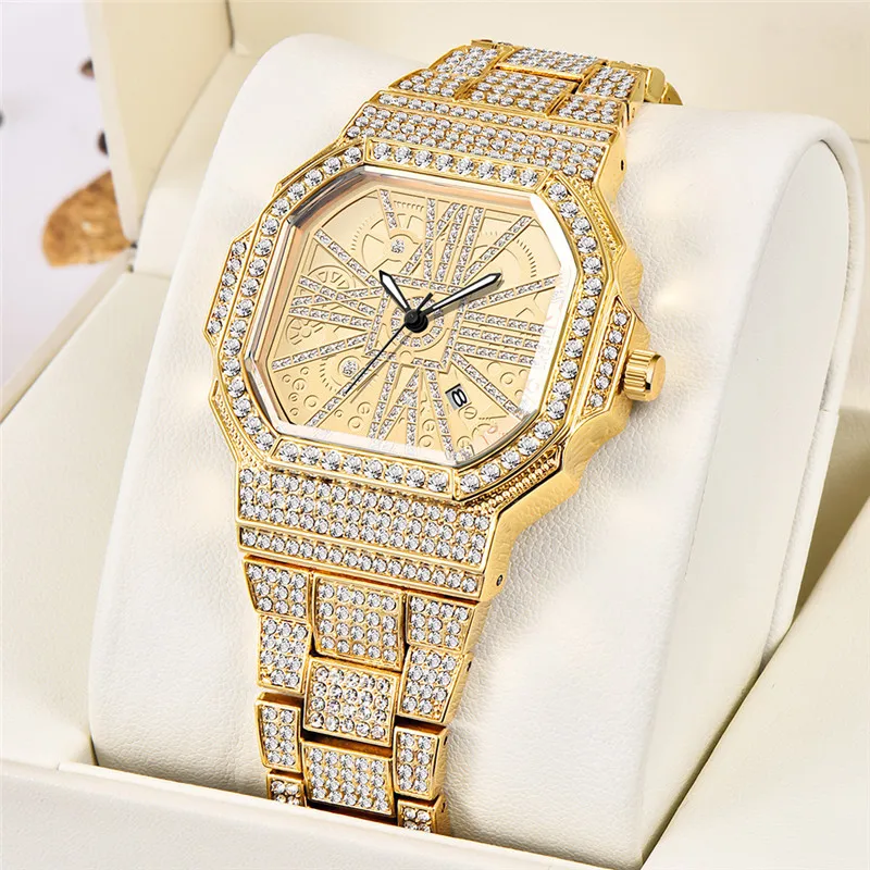 Golden Big Brand Watch For Men Fashion Alloy Band Hip Hop Diamond Calendar Quartz Designer Watches Relogio Masculino Ouro 2024