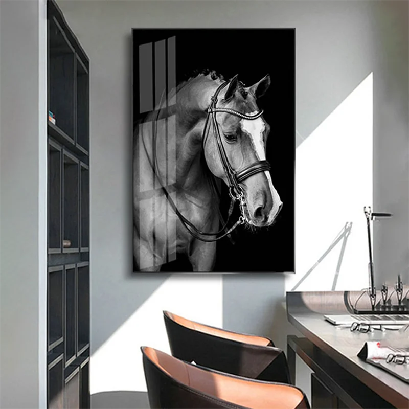 

Luxury Black White Horse Canvas Poster Realistic Equestrian Painting Entryway Wall Decor Modern Animal Picture Print Art