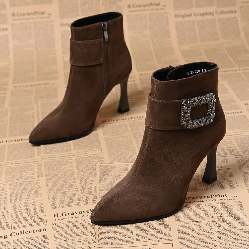 2026 Autumn Winter Pointed Toe Stiletto Heel Ankle Boots Women Fleece Lined Side Zipper Slim Fit Office Commute Short Boots