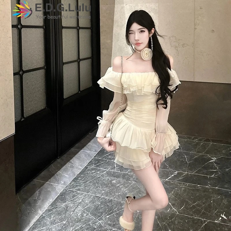 EDGLuLu Design Square Neck Ruffle Mini Cake Dresses For Women Off-Shoulder Long Flare Sleeve Sexy Party Dress 0325