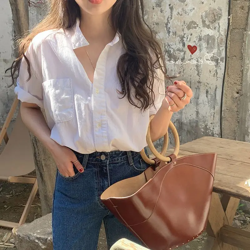 

Women's Korean-Style White Short-Sleeved shirt Summer New Design Sense Niche Loose and Idle Casual Thin Top