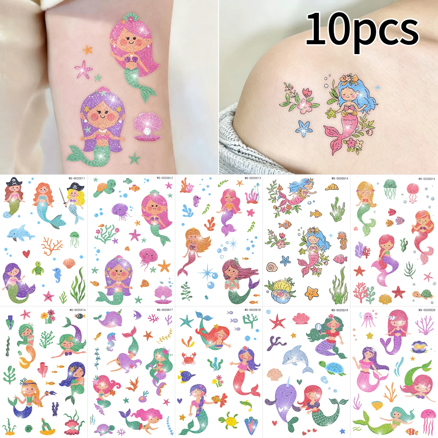 10Pcs Glitter Mermaid Temporary Tattoos Decals Cute Mermaid Princess Dolphins Starfish Sea Turtles Cartoon Fake Tattoo Stickers#