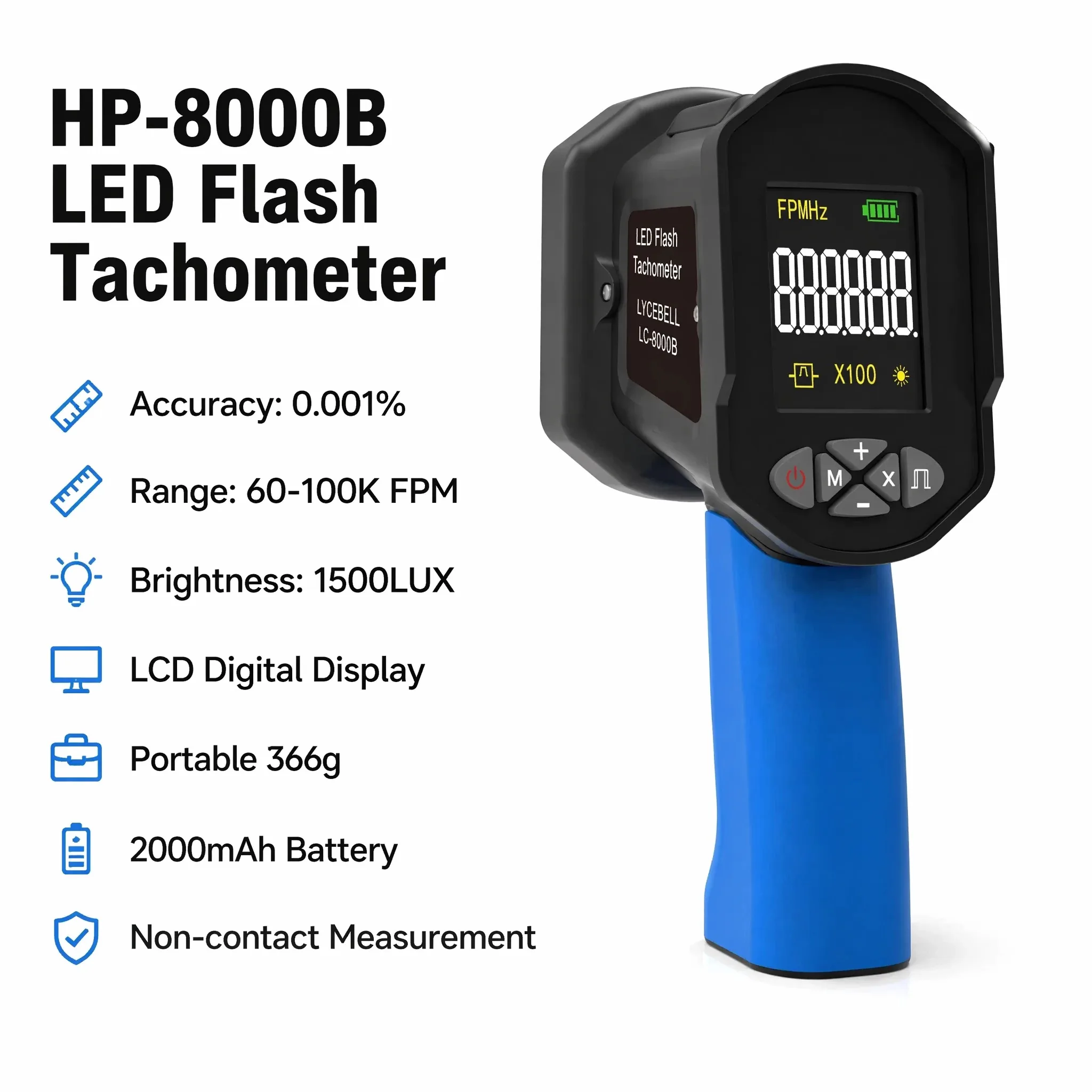 LED Digital Stroboscope 60-100000FPM, 0.001% High Accuracy Non-Contact Tachometer, Rechargeable with LCD Display for Speed Test
