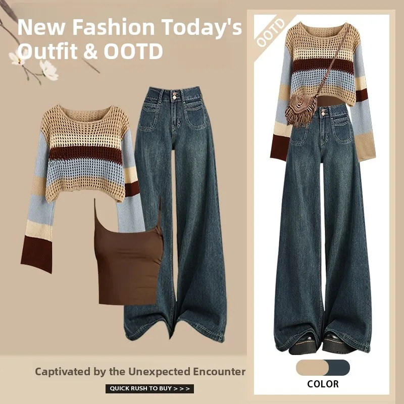 Ele Commute Faion Set Dames Lente Nieuwe Holle Lange Sve Cover-up Top Strapl Denim Broek T-stuk Set