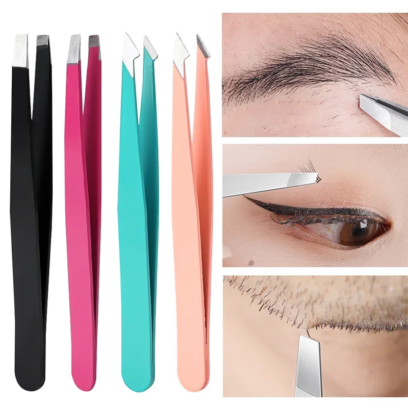 1PCS Flat Slant Tip Head Eyebrow Tweezers Portable Hair Beard Trimming Tools Stainless Steel Eyelashes Makeup Clip Accessories