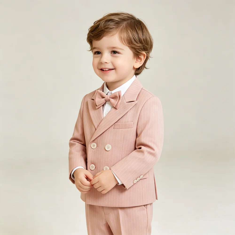 Boys Formal Suit Set Pink Blazer+Vest+Pants+Bow Tie Kids Wedding Party Tuxedo Toddler Gentleman Outfit for Birthday Ceremony