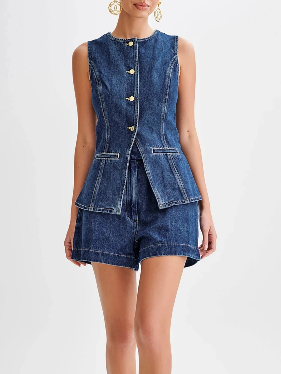 Women\'s 2 Piece Denim Outfits Sleeveless Button Up Tank Tops Solid Color Shorts Sets