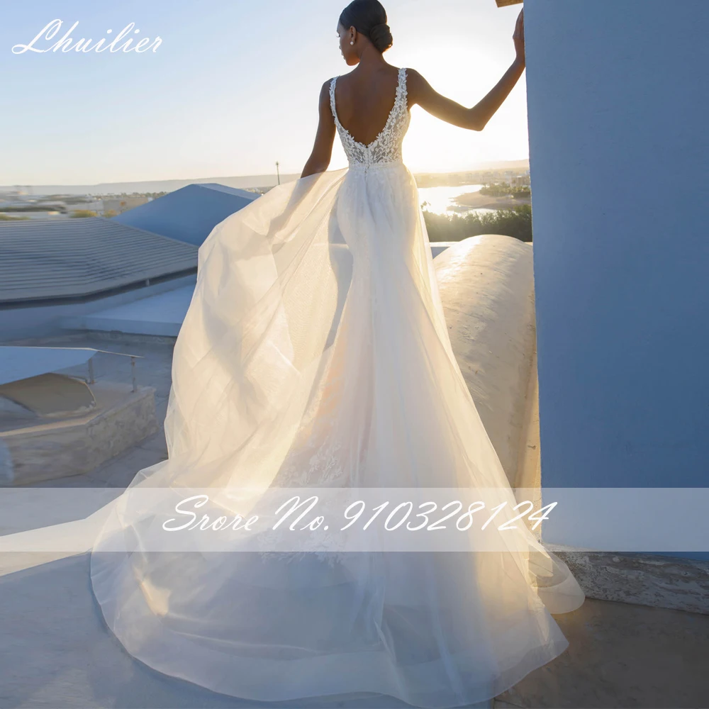 Lhuilier Sexy scollo a V Illusion merletto a sirena Appliques abiti da sposa senza maniche abito da sposa senza schienale con treno staccabile