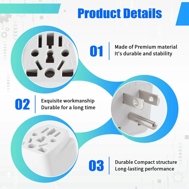 A15R -US Travel Plug Adapter EU/UK/AU/In/CN/JP/Asia/Italy/Brazil To USA (Type B), 3 Prong USA Plug, Charger Converter
