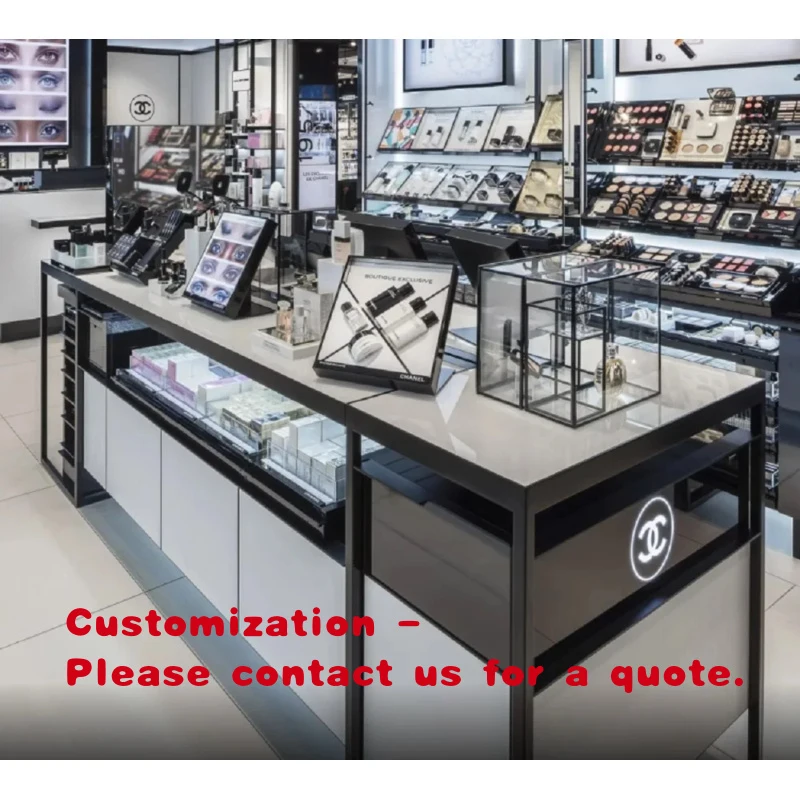 

custom.Modern Commercial Fragrance Display Counter Tempered Glass Top Black Metal Frame LED Lighting Customizable Design Mal