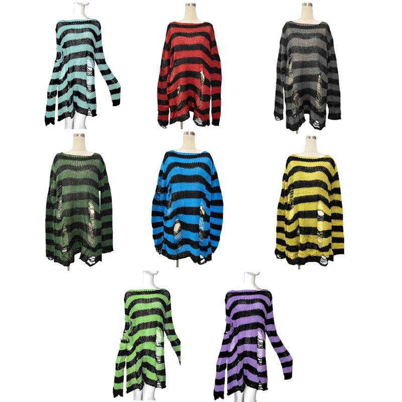 Women Crochet Knit Long Sleeve Sweater Harajuku Gothic Punk Striped Ripped Hole Pullover Top Oversized Broken Dress