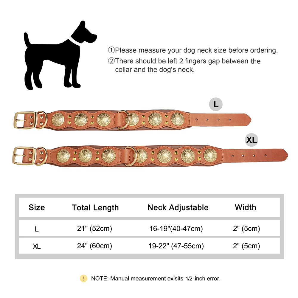 Durable Leather Dog Collar Cool Spiked Studded Collars for Medium Large Dogs Genuine Leather Pet Collar Pitbull  Bulldog Brown