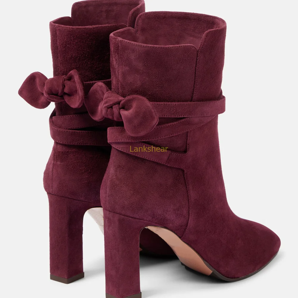 

Burgundy Suede Butterfly Knot Boots Sexy Pointed Toe Square Heel Solid New Arrivals Fashion Women Modern Boots