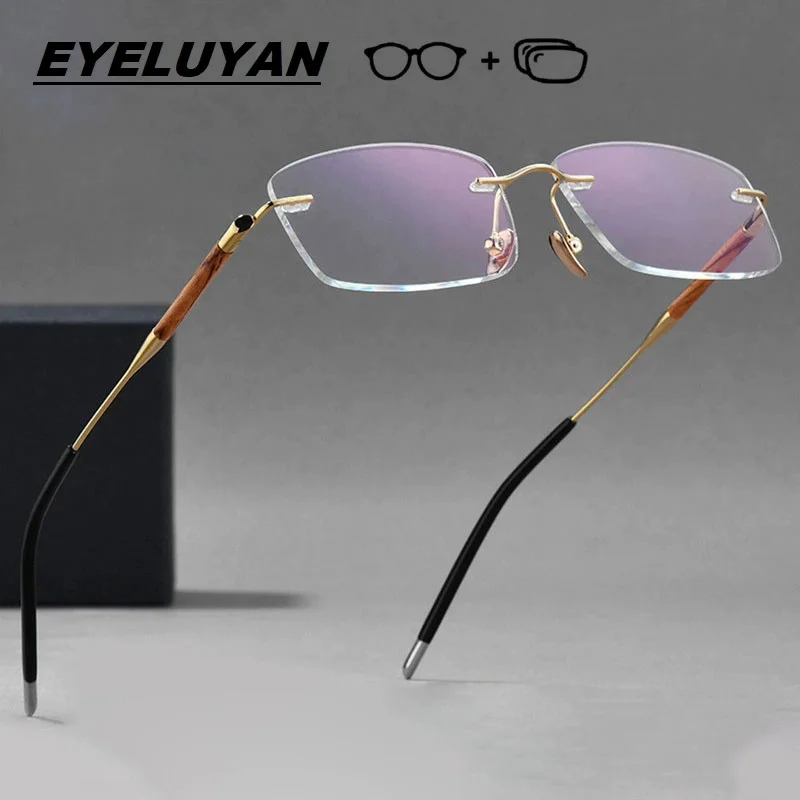 EYELUYAN Titanium Wood Rimless Glasses Men Optical Myopia Hyperopia Eyeglasses Anti UV Aspheric Lens Prescription Eyewear - view 3