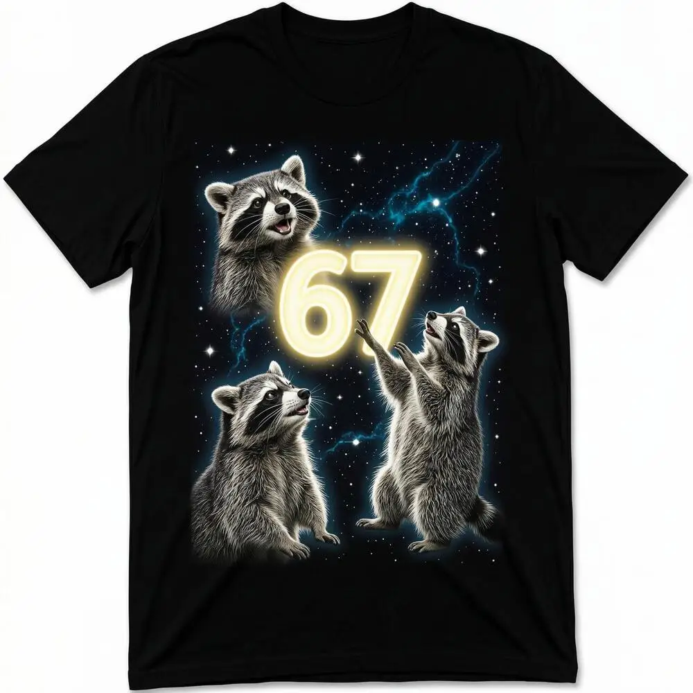 Neon Glowing Digit 67 Three Raccoons Space Background T Shirt Cute Wildlife Pattern Fashion Daily Streetwear Short Sleeve Top