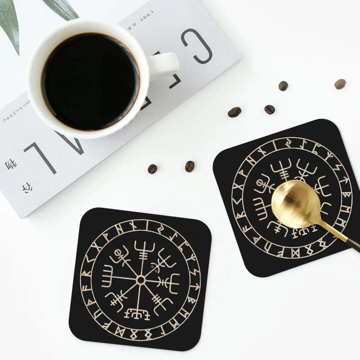 Runic Viking Compass Vegvisir Celtic Coasters PVC Leather Placemats Insulation Coffee Mats for Home Kitchen Dining Pads Set of 6