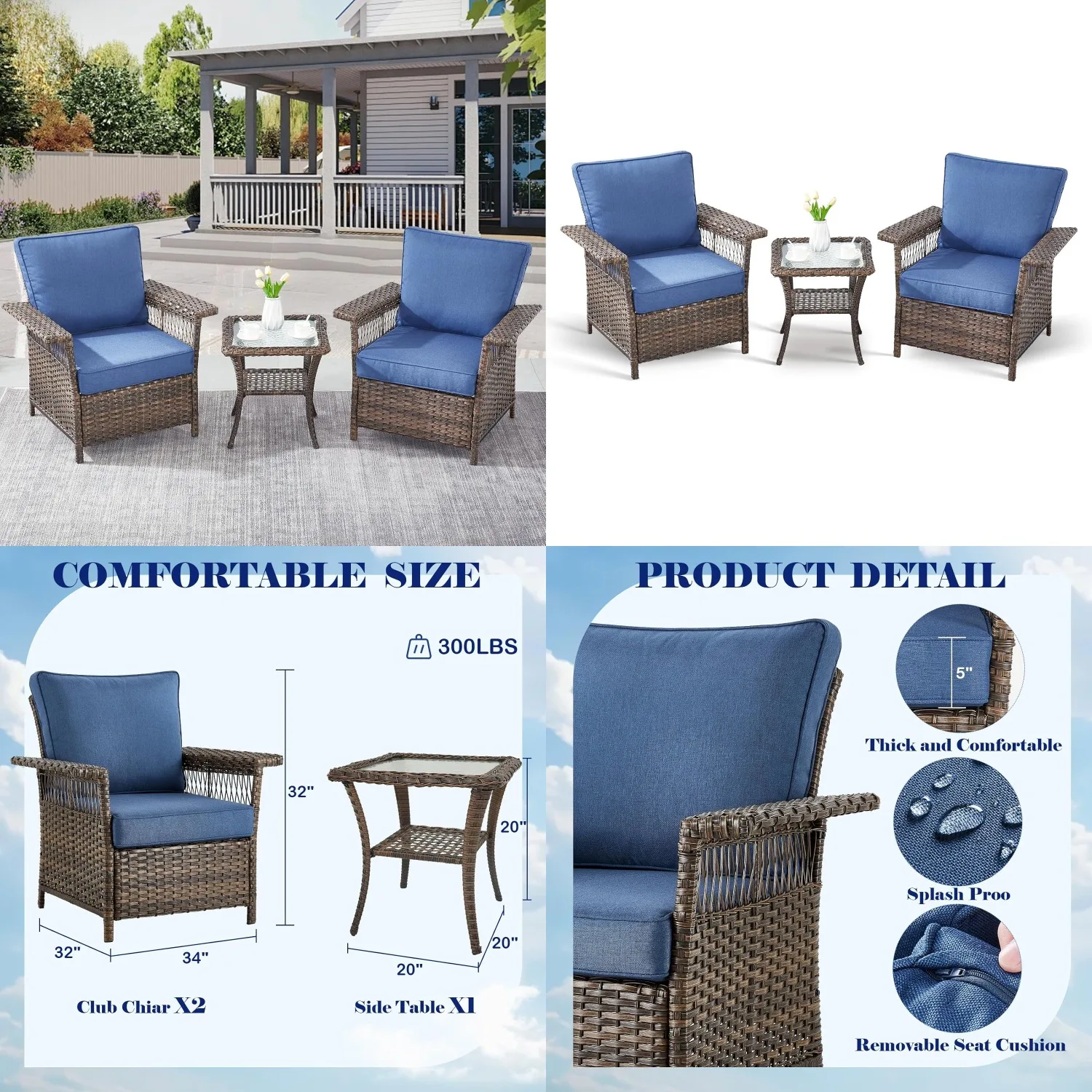 

3 Piece Outdoor Wicker Bistro Set with Cushions & Side Table for Porch Deck Balcony, Customized