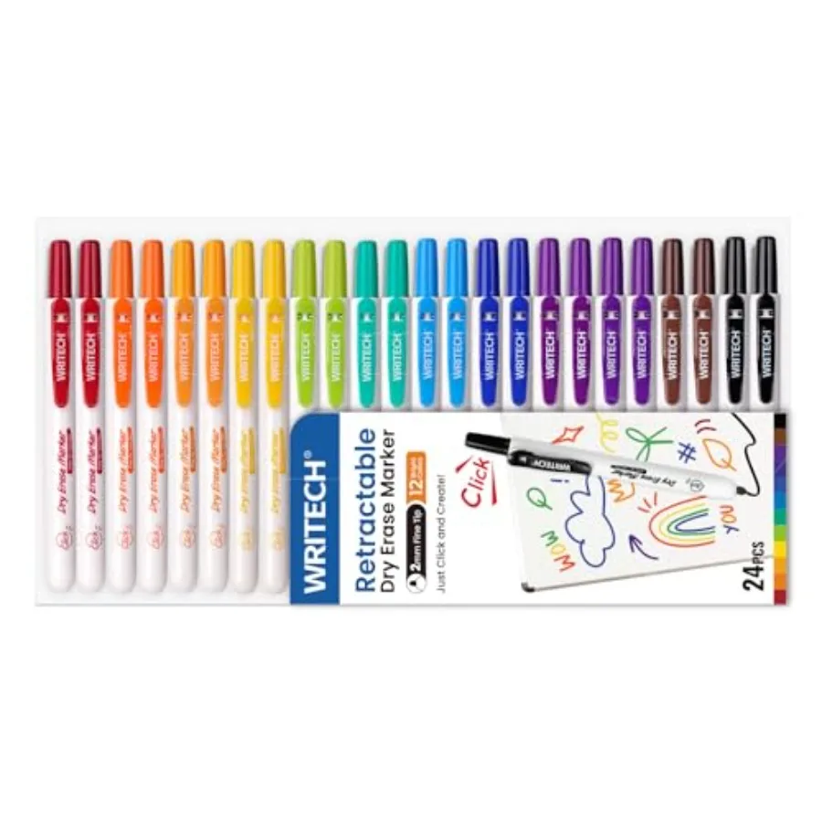 

Retractable Dry Erase Markers: Clickable Pack of 24 with Fine Tip 12 Assorted Colors Low Odor Ink Whiteboard Marker Multi Color
