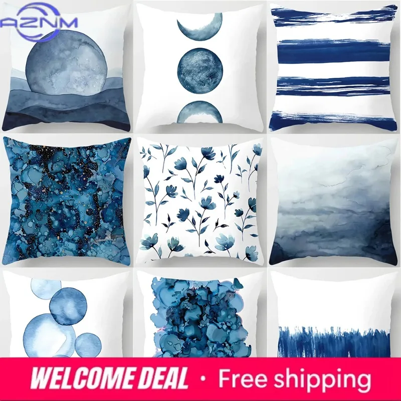 Blue pattern print home decoration polyester fiber cushion cover living room sofa cushion cover 45x45 cm