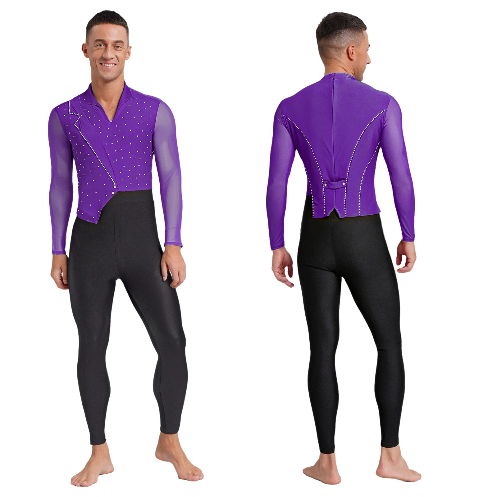 

Mens Fashion Asymmetrical Dance Jumpsuit Long Sleeves Rhinestones Mesh Bodysuit for Figure Skating Stage Performance Gymnastics
