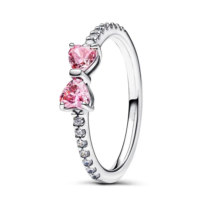 Original 925 Sterling Silver Red Pink Ring Heart Bow Sun Moon Colorful Crystal For Women Valentine\'s Birthday Gift DIY Jewelry
