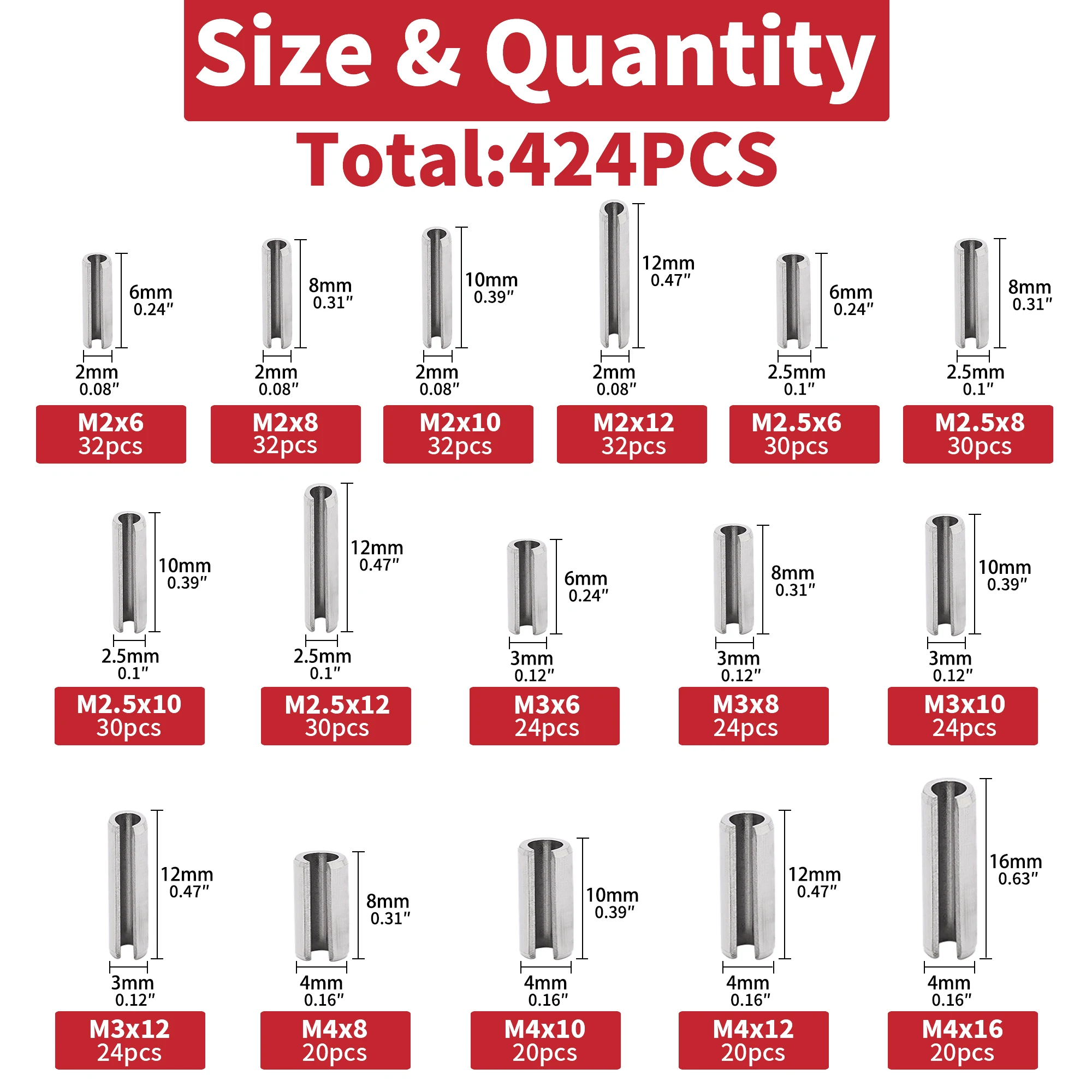 424pcs 304 stainless steel Roll Pin Assortment set  Elastic Cotter Cylindrical Positioning Tension Dowel Roll Spring Pin