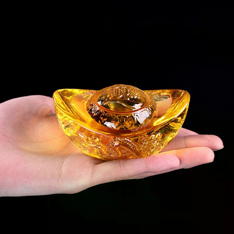 Style Citrine Ingot Gold Crystal Glass Colored Glaze Wealth Money Feng Shui Craft Figurines Home Decor Chinese