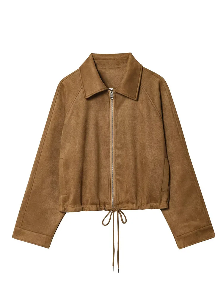 HH Women 2025 Fashion Vintage Lapel Suede Cloth Long Sleeve Coat Female Autumn Casual Hem Drawstring Waist Slimming Jacket