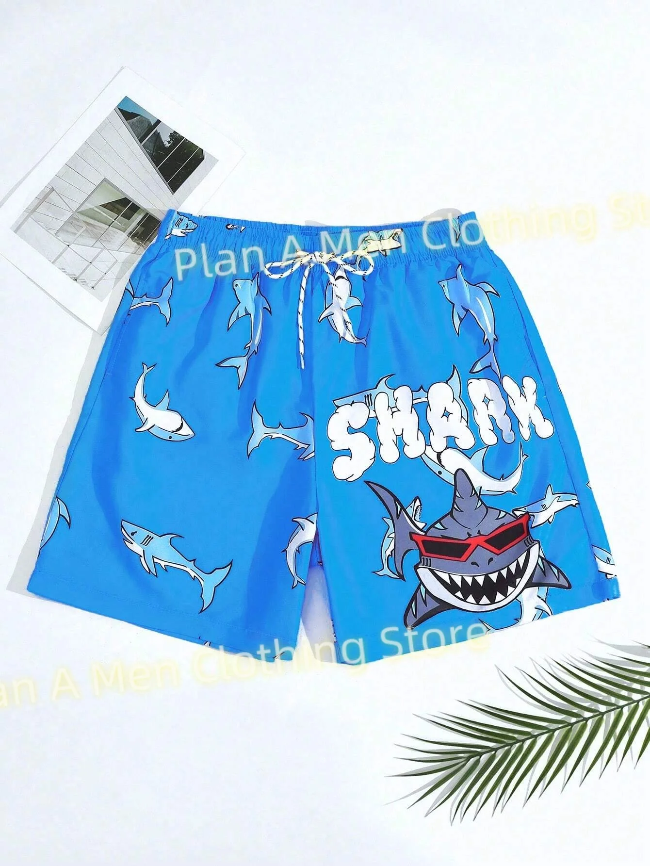 

Men Summer Swim Shark Print Beach Short Pant New Fashion White Flowers Print Men Gym Shorts holiday daily Shorts Men Clothing