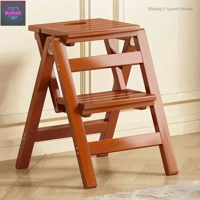 Pine Step Stools Multifunctional Household Folding Climbing  Ladder for Home Indoor Outdoor Living Room Household Walnut Color