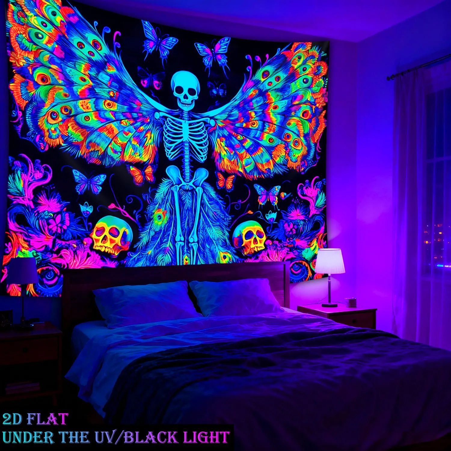 VIKAMA Psychedelic Peacock Skull Tapestry, Black Light Lamp Wall Art for Bedroom Living Room Dorm Decor