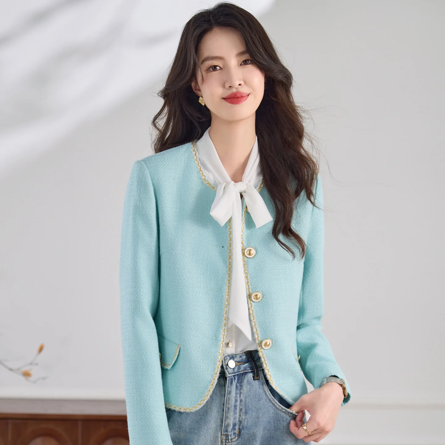 Fashion Women's Blazer Ladies O-Neck Casual Female Jacket Coat Spring Autumn New Ladies Small Fragrance Jacket Female Outerwear