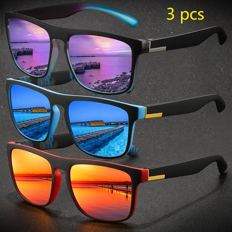 3 Pieces Fashion Vintage Square Sports Sunglasses Men Women Fishing Driving Man Brand Designer Sun Glasses Retro Eyewear UV400