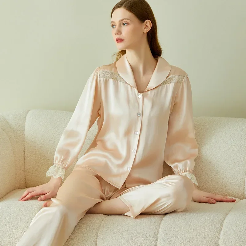 French Romantic 100% Mulberry Silk Women's Long Sleeve Pants Pijama Set Solid Color Sexy Lace Pajamas Set Cardigan Homewear PJs