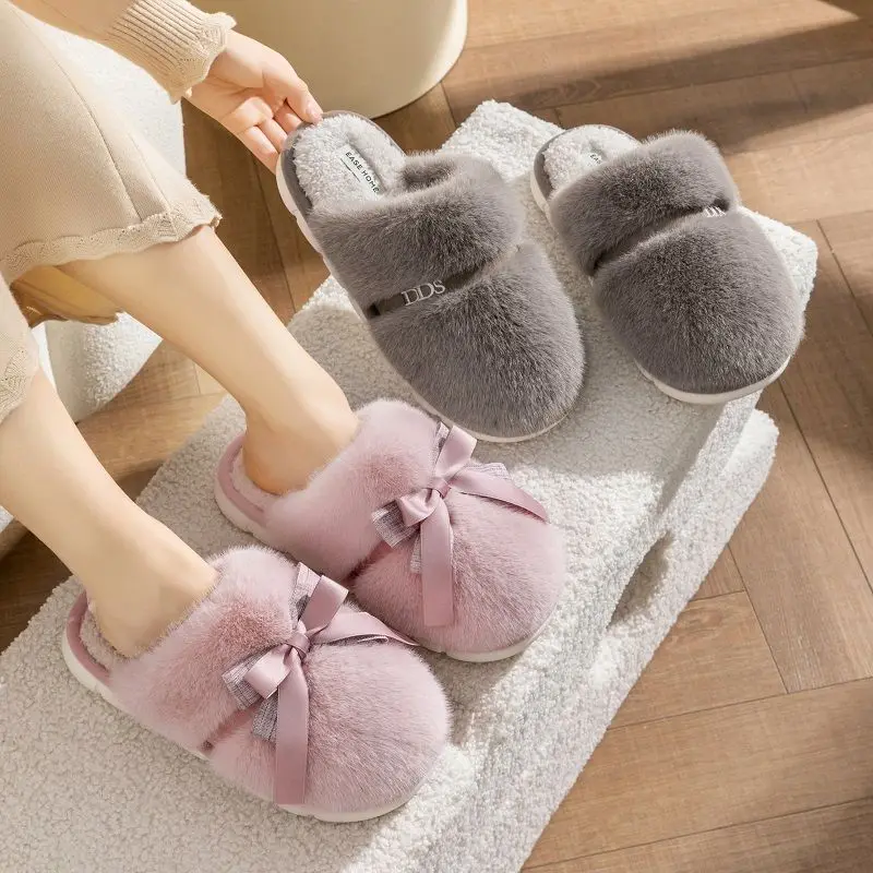 

Женские пушистые тапочки с бантом, уютные плюшевые домашние тапочки, нескользящая домашняя обувь для зимы