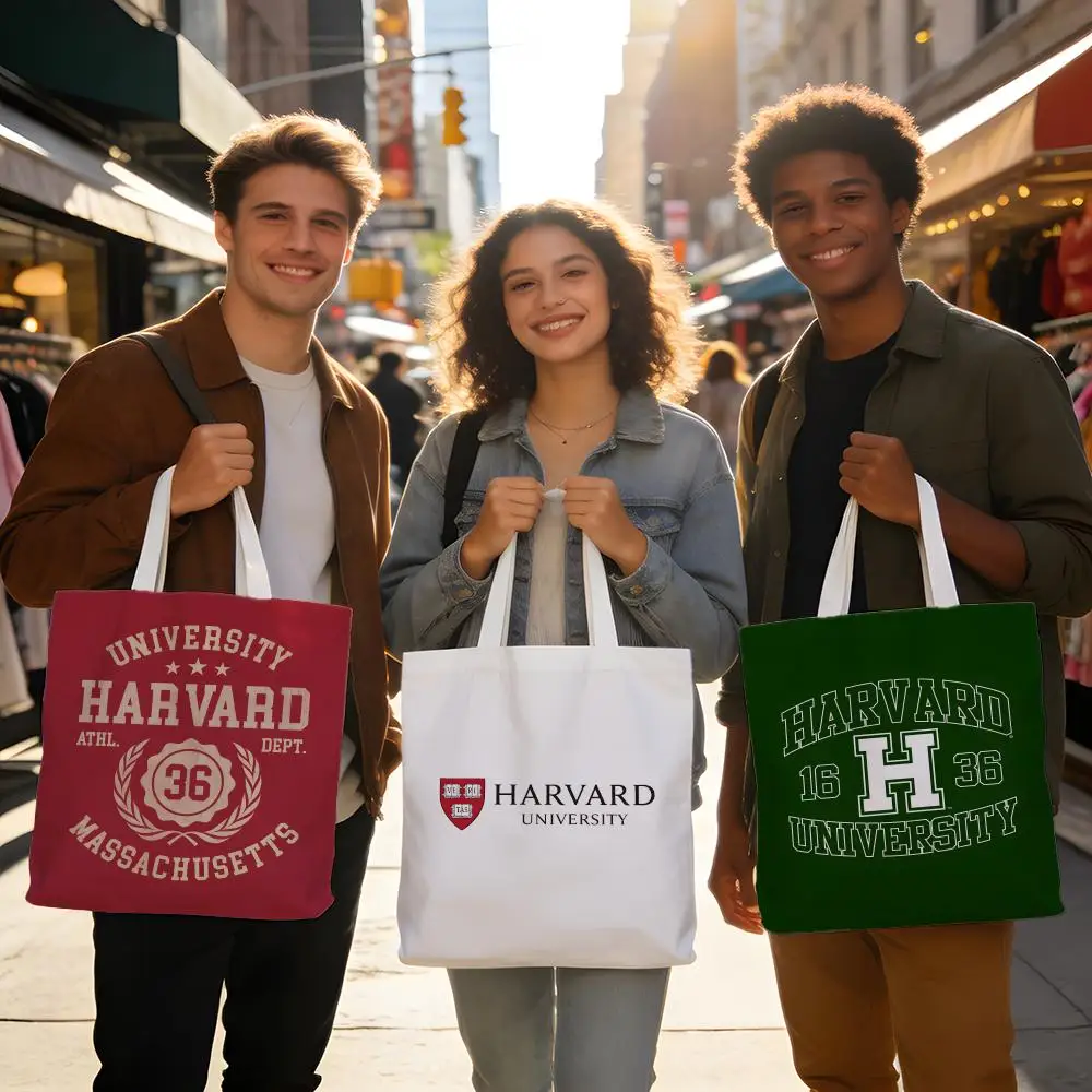 Bolsas de almacenamiento de doble cara, grandes, lavables, unisex, reutilizables, para compras en el mercado, escuela, uso diario, Universidad de Harvard