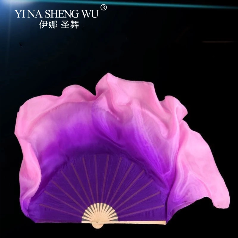 Éventails de danse du ventre Double face, violet rose dégradé de couleurs, accessoires de danse de Performance classique pour danseurs, éventail en soie véritable, 1 pièce